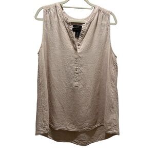 Tahari Linen Sleeveless Beige High Low Button Up Tunic - Large